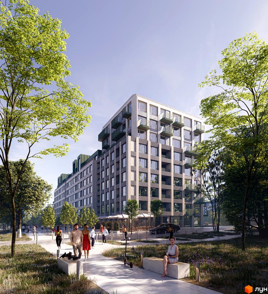 Висотна новобудова ЖК Lypynsky з великими вікнами та балконами. На території комплексу тротуари, лави, дерева та зелені насадження, що створюють комфортну атмосферу.