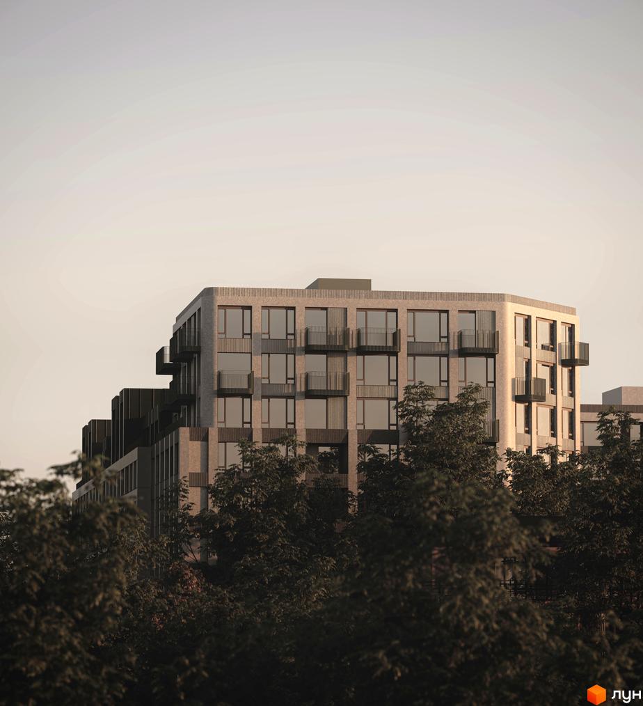 Житловий комплекс Lypynsky з великими вікнами та балконами. На передньому плані зелені дерева, що створюють затишну атмосферу.