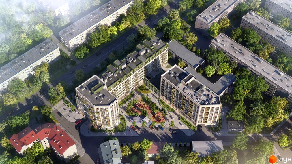 Вид зверху на будівлі Житлового комплексу Lypynsky з сучасним дизайном та прибудинковою територією з дитячим майданчиком та парковкою.