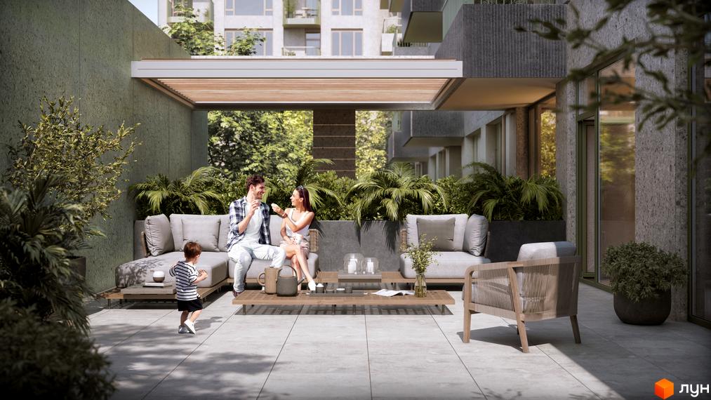 Затишна тераса в ЖК Lypynsky з м'якими диванами, столиком та зеленню, що створює атмосферу комфорту. На задньому плані видно будівлі житлового комплексу.