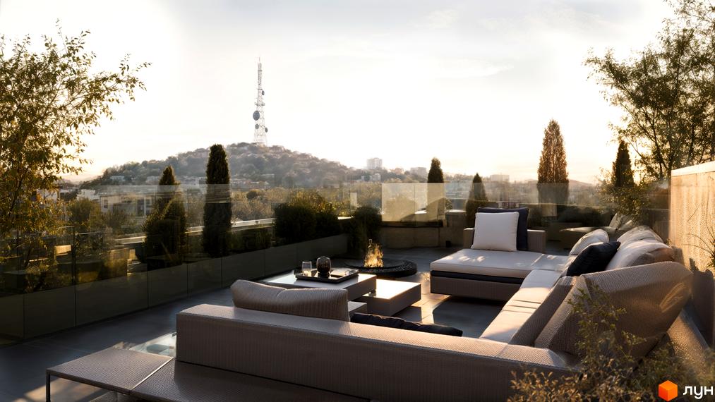 Просторі тераси з видом на місто в ЖК Lypynsky. Зручні зони відпочинку з м'якими диванами та вогнищем.