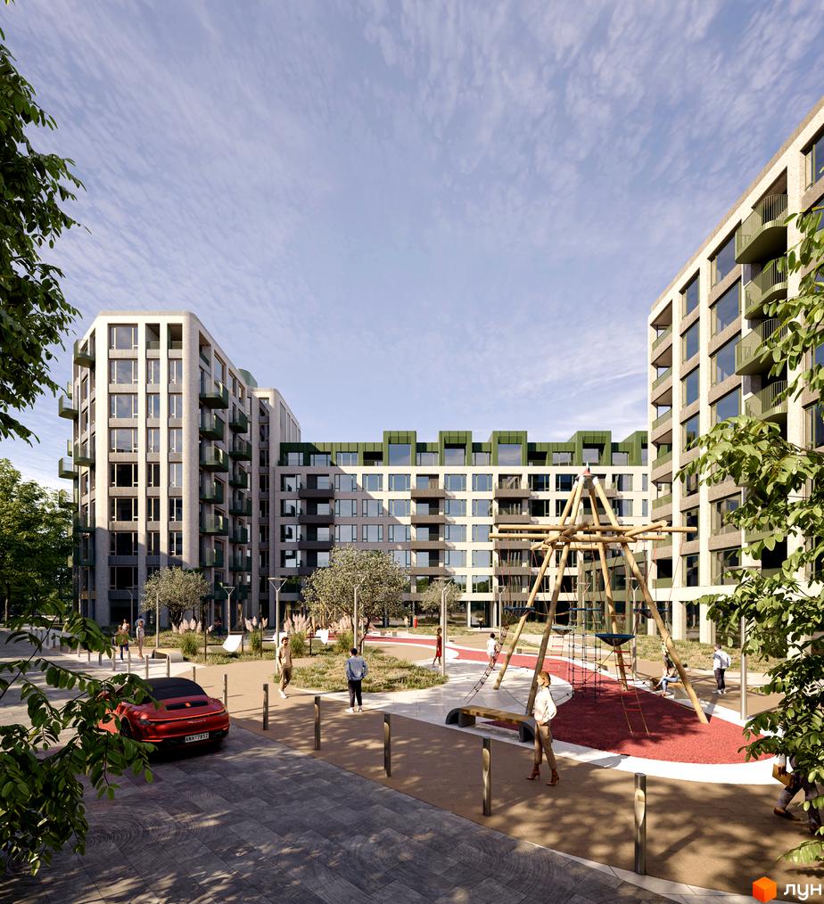 Житловий комплекс Lypynsky з сучасними будинками та дитячим майданчиком на території. Архітектура з великими вікнами та зеленими балконами.