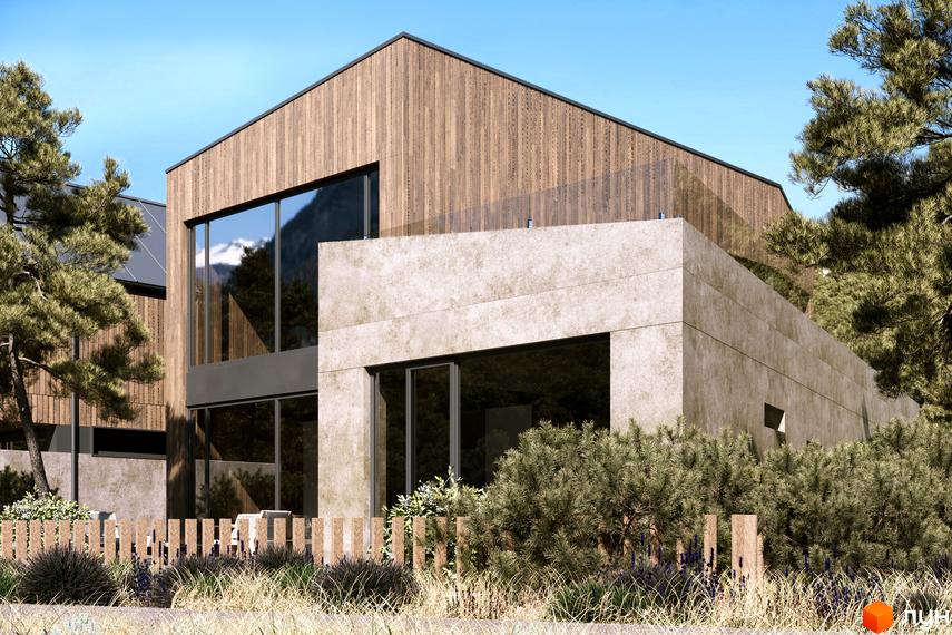 Котеджне містечко КМ Migovo Ski & SPA з дерев'яним фасадом та бетонними елементами, великими вікнами та скляним балконом. Навколо зелені дерева та невисокий паркан.