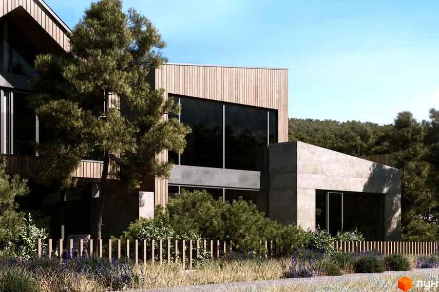 Котеджне містечко КМ Migovo Ski & SPA з дерев'яним та бетонним фасадом, великими вікнами та зеленою прибудинковою територією.