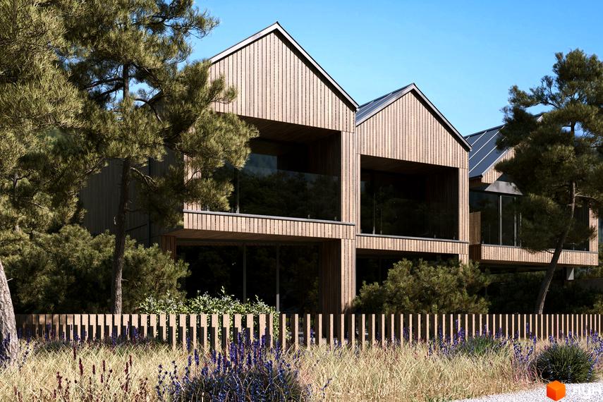 Котеджне містечко Migovo Ski & SPA з дерев'яним фасадом та скляними балконами, оточене соснами та квітами.