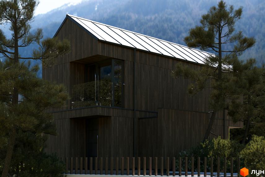 Котеджне містечко КМ Migovo Ski & SPA: двоповерховий будинок з темними дерев'яними стінами та білим дахом, оточений соснами та невисоким парканом.