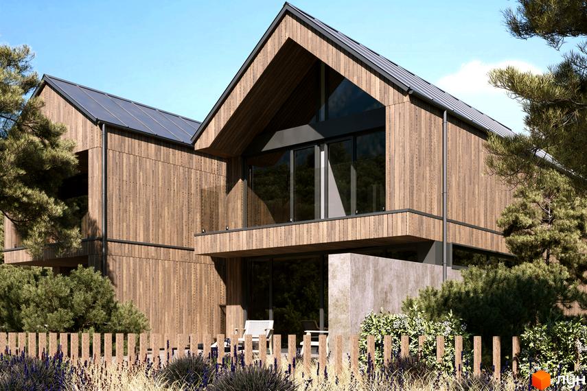 Котеджне містечко КМ Migovo Ski & SPA з дерев'яним фасадом та великими вікнами. На передньому плані паркан та зелені насадження.