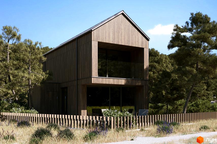 Котеджне містечко КМ Migovo Ski & SPA з дерев'яним фасадом та великими вікнами, розташований серед соснового лісу з доглянутою прибудинковою територією та парканом.