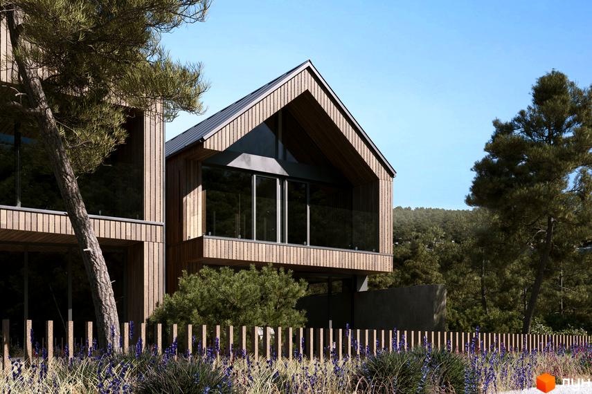 Котеджне містечко КМ Migovo Ski & SPA з дерев'яним фасадом та великими вікнами на тлі лісу. Огороджена територія з травою та квітами.