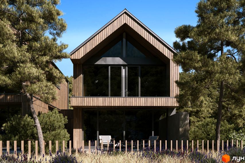 Котеджне містечко КМ Migovo Ski & SPA з дерев'яним фасадом та великими вікнами, оточене соснами та зеленню. Перед будинком - дерев'яний паркан та ландшафтний дизайн.