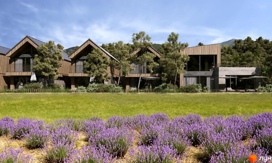 Котеджне містечко КМ Migovo Ski & SPA: дерев'яні будинки з панорамними вікнами та зелена територія з лавандою.