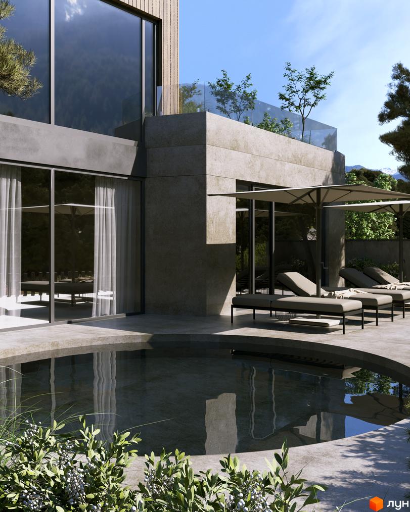 Котеджний комплекс КМ Migovo Ski & SPA із зоною відпочинку біля басейну та терасою з шезлонгами. Зовнішній вигляд будинку з великими вікнами та дерев'яною обшивкою.