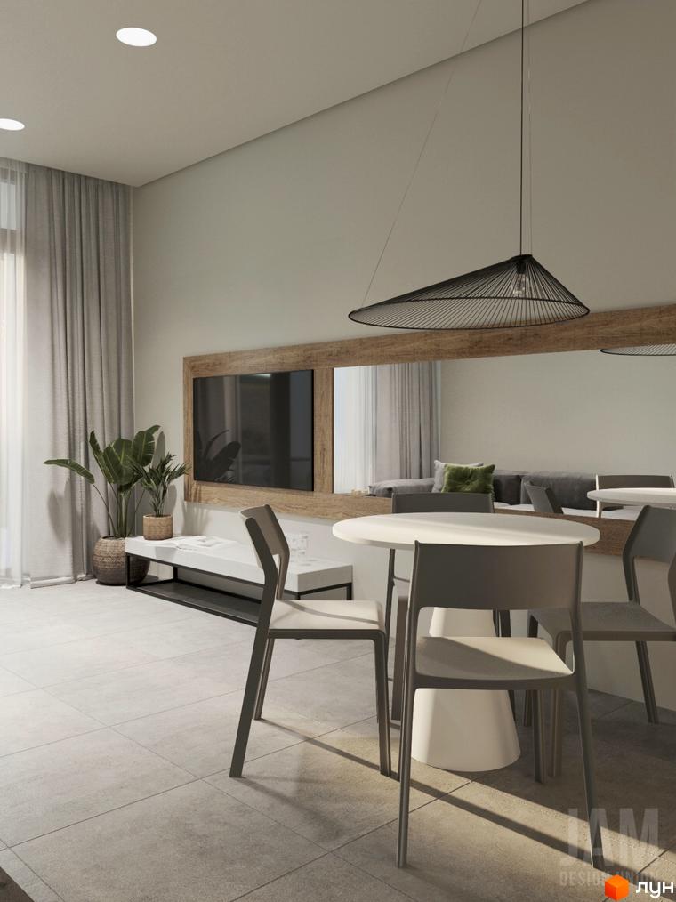 Інтер'єр вітальні з обідньою зоною в житловому комплексі КМ Migovo Ski & SPA. Дизайн виконаний в світлих тонах з акцентами на дерев'яні елементи та зелені рослини.