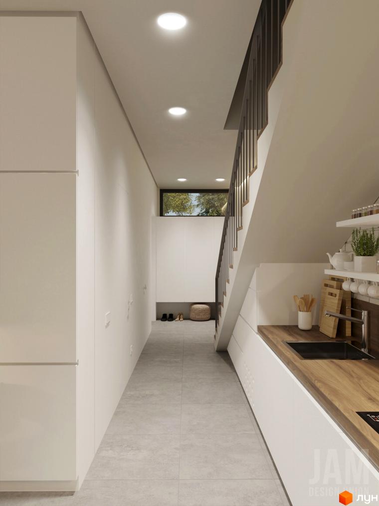 Інтер'єр житлового комплексу КМ Migovo Ski & SPA з кухнею та сходами.