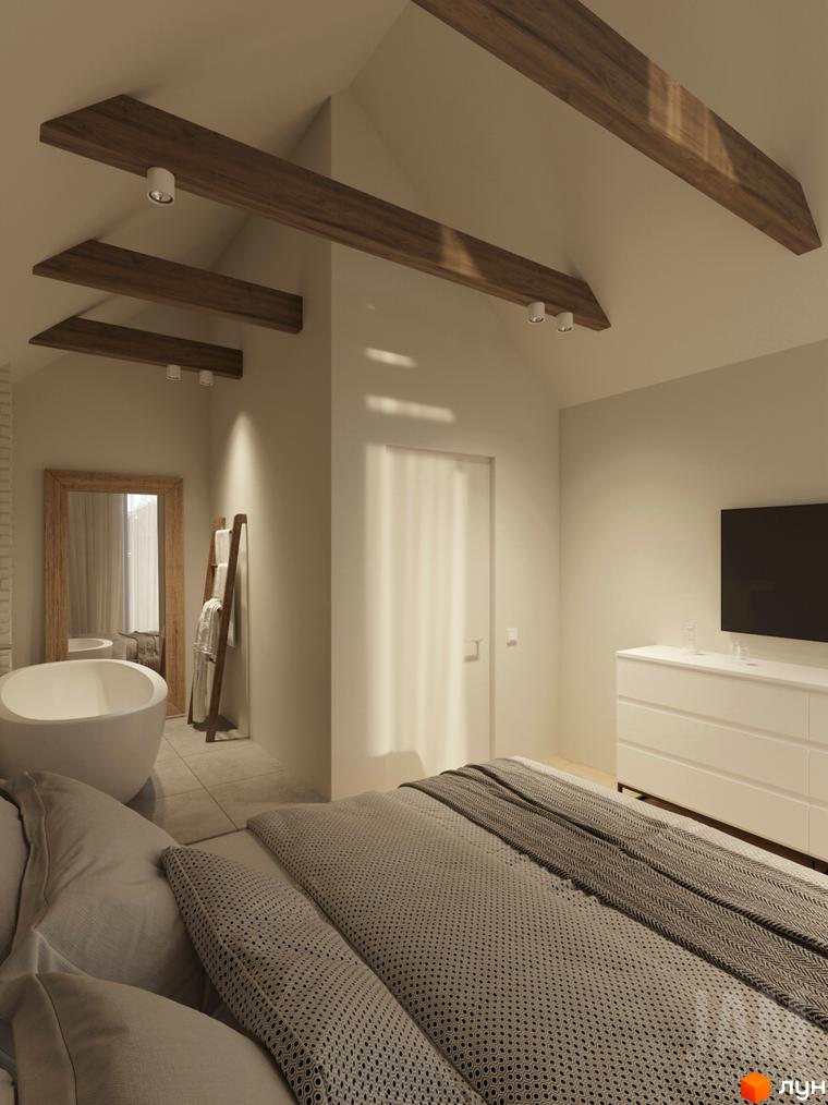Інтер'єр спальні з ванною та дерев'яними балками на стелі в КМ Migovo Ski & SPA. Затишна атмосфера з великим ліжком та сучасними меблями.