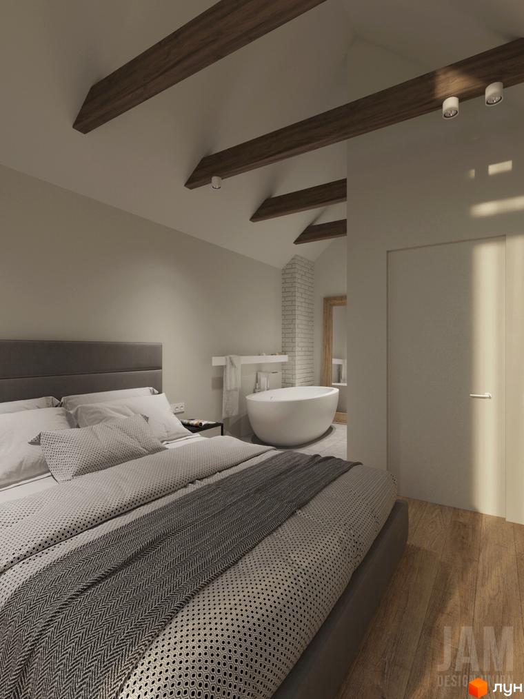 Дизайн спальні з окремою ванною кімнатою в стилі лофт з дерев'яними балками на стелі та цегляною стіною.