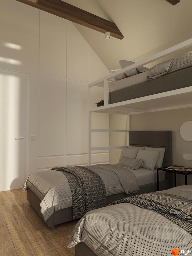 Дизайн спальні у житловому комплексі КМ Migovo Ski & SPA з двоярусним ліжком та двома односпальними ліжками.