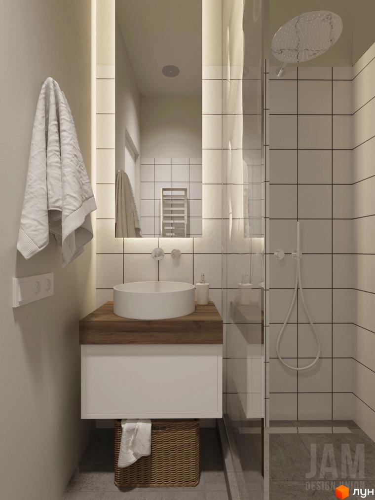 Сучасний дизайн ванної кімнати в житловому комплексі КМ Migovo Ski & SPA з душовою кабіною, раковиною та дзеркалом.