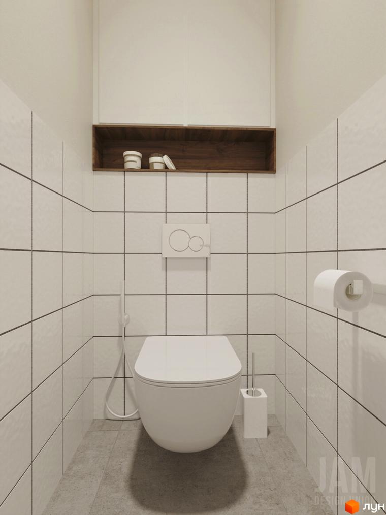 КМ Migovo Ski & SPA: сучасний дизайн ванної кімнати з білою плиткою та дерев'яною полицею. Проєкт новобудови для комфортного життя.