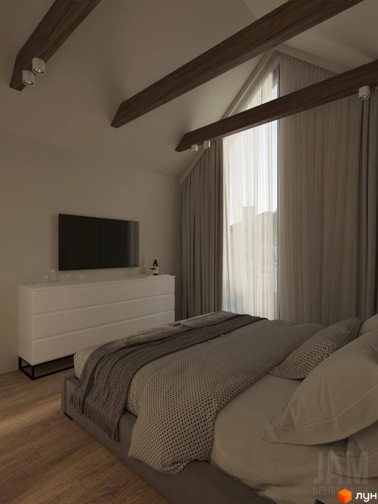 Спальня в КМ Migovo Ski & SPA з дерев'яними балками на стелі та великим вікном з сірими шторами. Сучасний інтер'єр спальні з телевізором та комодом.