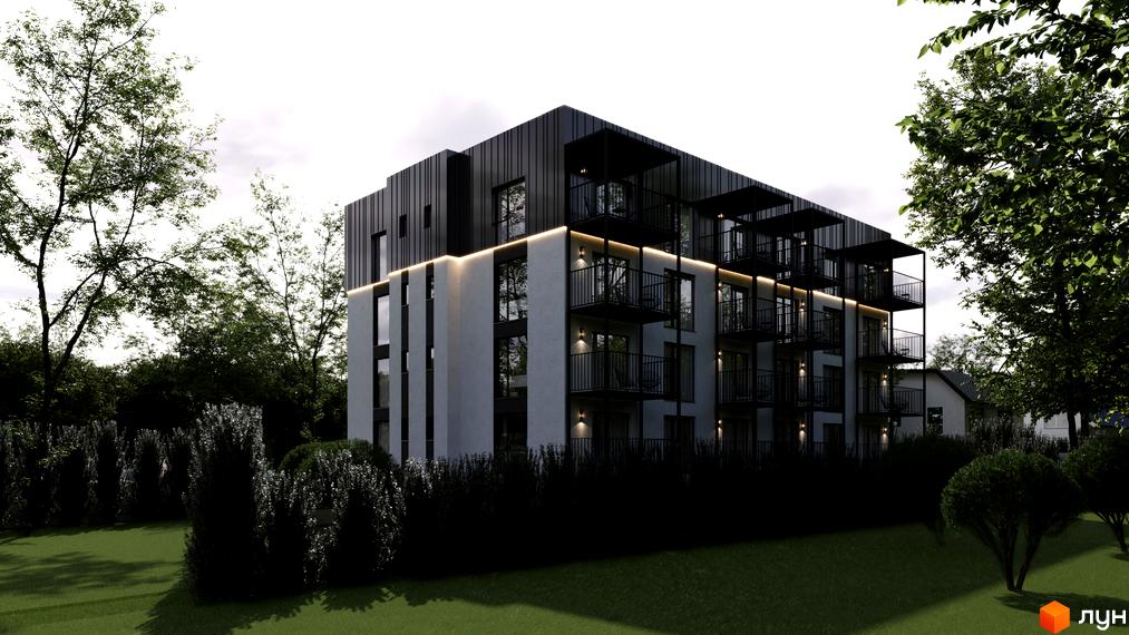 Сучасний житловий комплекс з балконами та підсвіткою фасаду, оточений зеленню та доглянутим газоном.