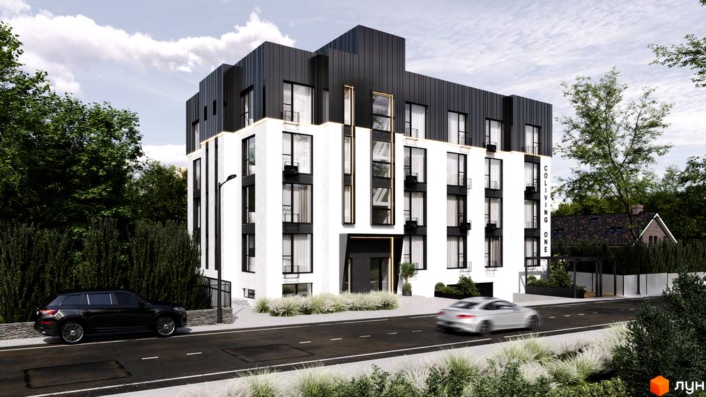 Зовнішній вигляд новобудови Coliving One з білими фасадами та чорними елементами. Навколо будівлі зелені насадження та дорога з автомобілем.