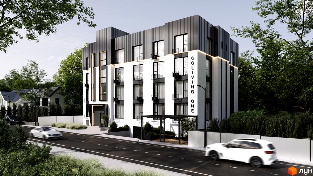 Комплекс Coliving One з білою та чорною фасадною обробкою, великими вікнами та балконами. Поруч дорога з автомобілями та зелені насадження.