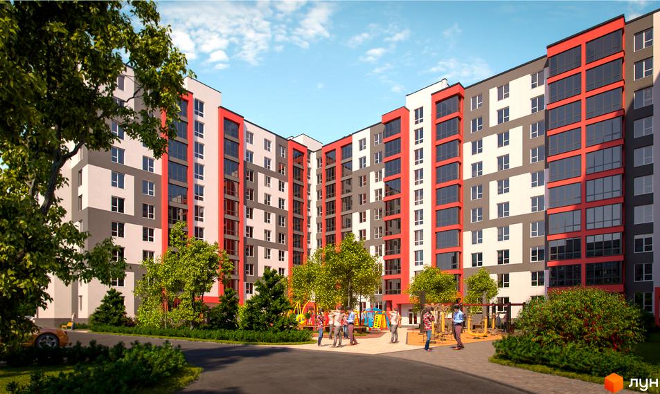 Житловий комплекс Gloria з яскравим фасадом та внутрішнім двориком з дитячим майданчиком. Сучасна архітектура та зелена зона для відпочинку.