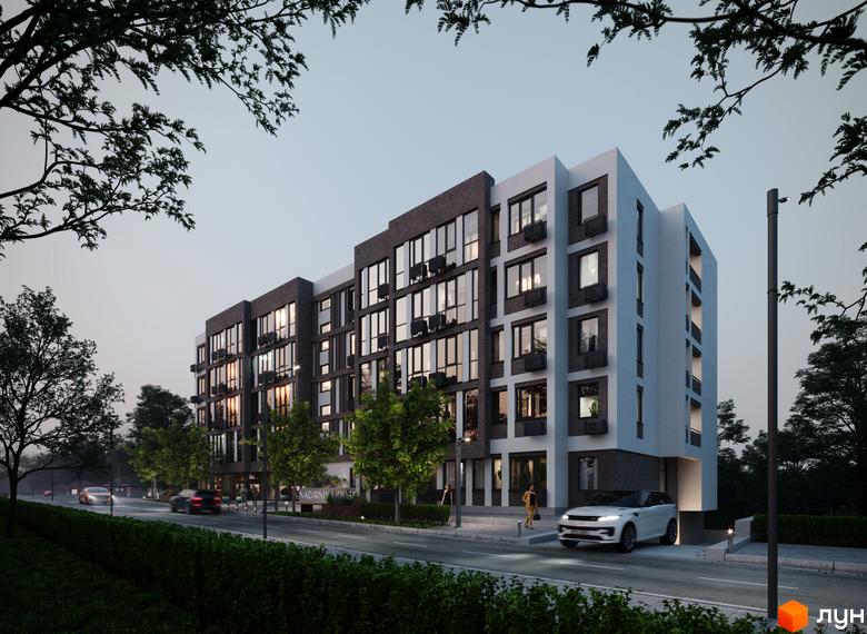Зображення фасаду Житлового комплексу NAGIRNIY HOUSE. Багатоповерховий будинок з великими вікнами та прибудинковою територією.