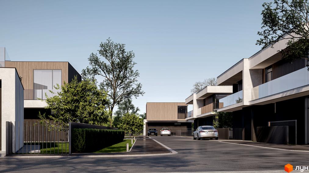 Котеджне містечко San Marco: сучасні будинки з дерев'яними фасадами та скляними балконами, доглянута прибудинкова територія з газоном та парканом.