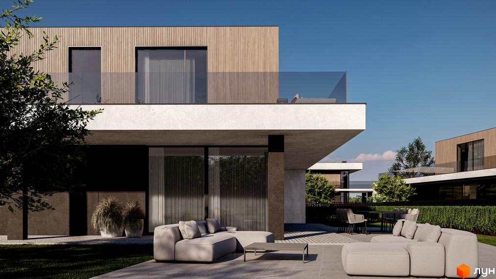 Котеджне містечко КМ San Marco. Сучасні будинки з дерев'яним фасадом та скляними балконами, затишна прибудинкова територія з диванами та журнальним столиком.