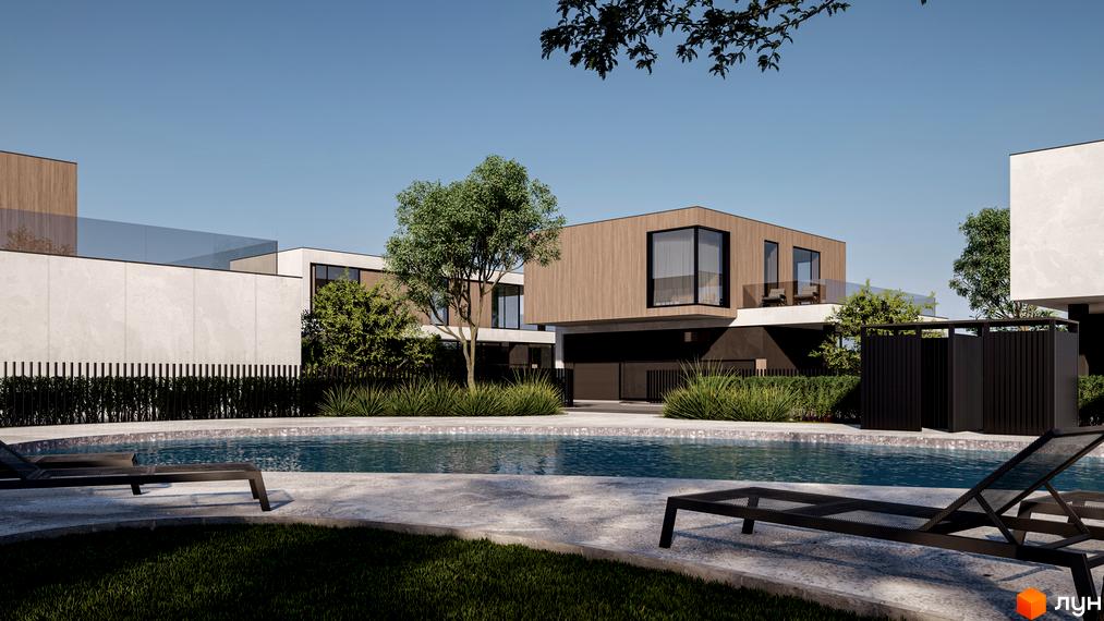 Котеджне містечко КМ San Marco з басейном та шезлонгами. Сучасні будинки з дерев'яними фасадами та великими вікнами.