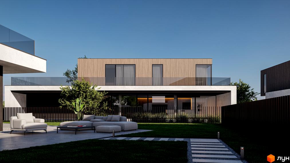 Котеджне містечко San Marco: двоповерховий будинок з дерев'яним фасадом та скляними балконами, зелена галявина з зоною відпочинку.