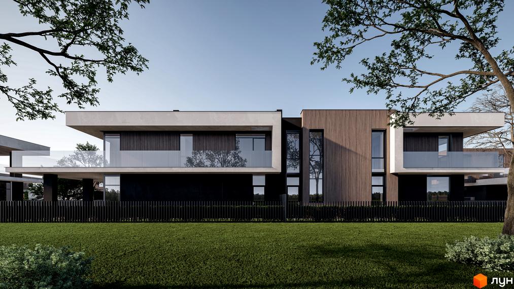 Котеджне містечко San Marco: двоповерхові будинки з панорамними вікнами та скляними балконами, огороджені чорним парканом, на тлі зеленого газону та дерев.