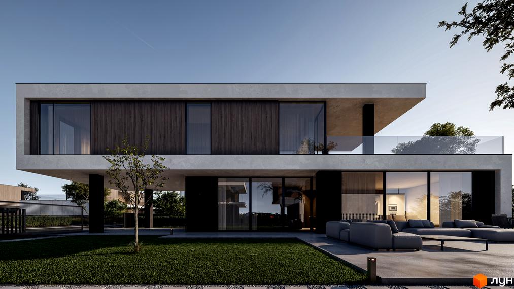 Котеджне містечко San Marco: двоповерховий будинок з великими вікнами та дерев'яними елементами, зелена галявина та зона відпочинку на території.