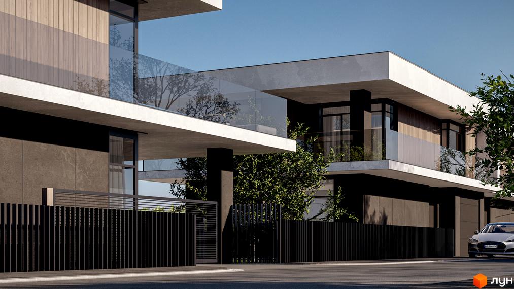 Котеджне містечко San Marco: фасад будинку з дерев'яними елементами, скляними балконами та чорним парканом. Прибудинкова територія з деревами та дорогою.