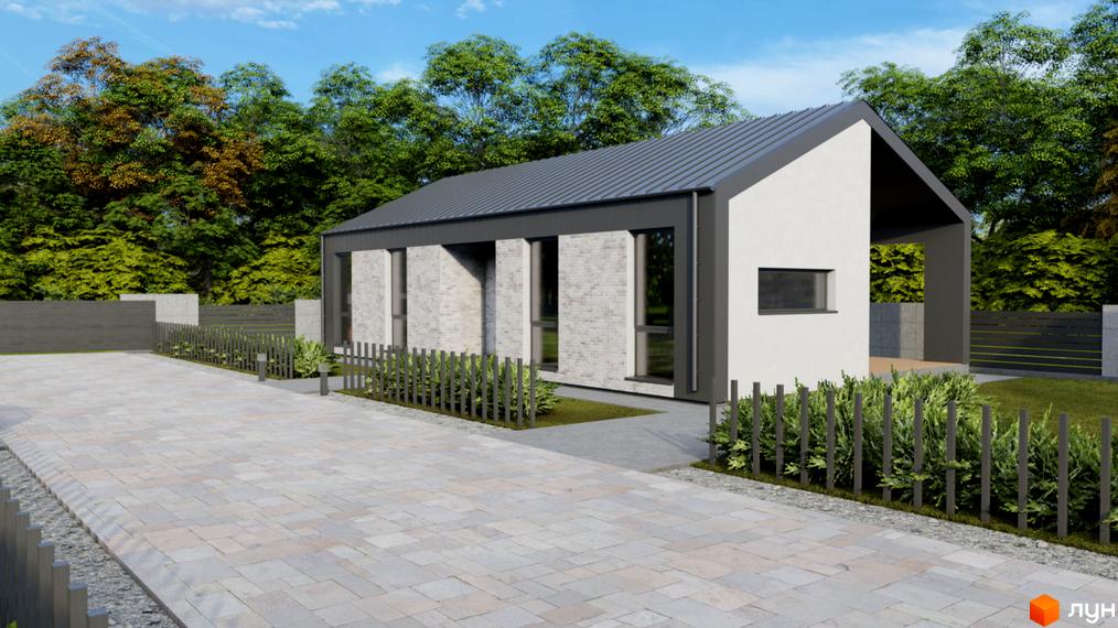 Котеджне містечко КМ Тера Хауз 4. Будинок з сірої цегли та білої штукатурки, з металевим дахом, розташований на бруківці з огорожею та зеленню.