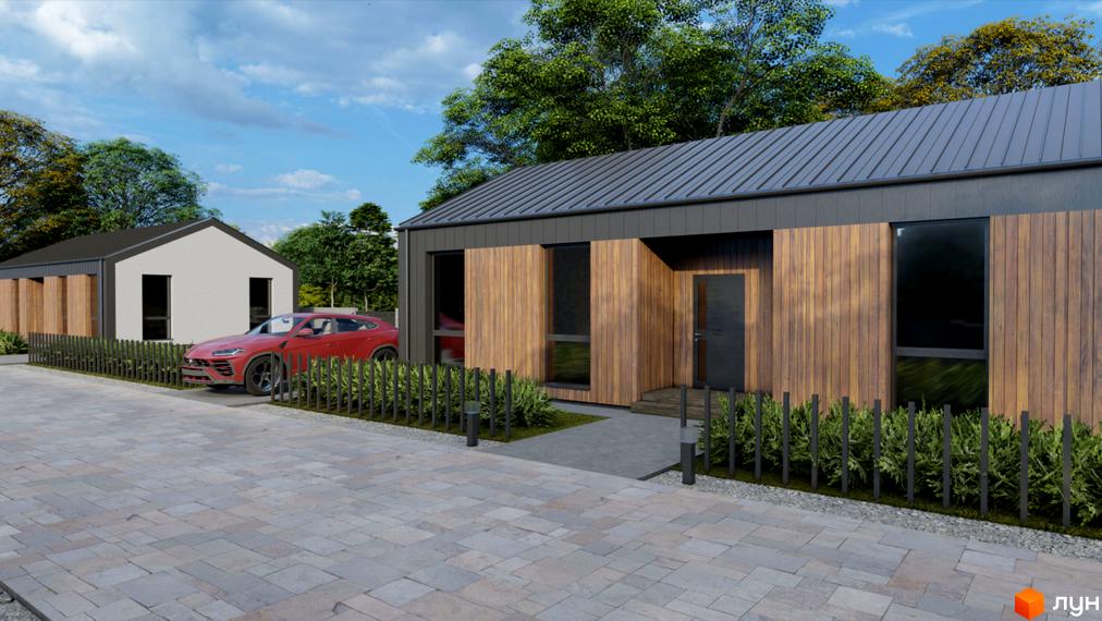 Котеджне містечко КМ Тера Хауз 4: фасади з дерев'яною обшивкою та великими вікнами, прибудинкова територія з бруківкою та огорожею.