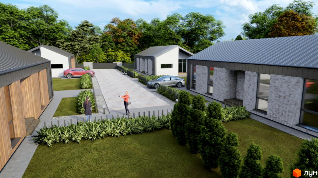 Котеджне містечко Тера Хауз 4: сучасні будинки з дерев'яними фасадами та сірою цеглою, прибудинкова територія з доглянутими газонами та кущами.