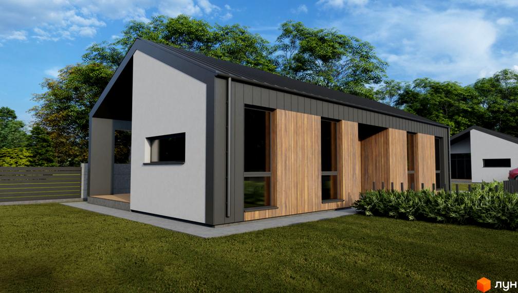 Котеджне містечко КМ Тера Хауз 4: двоповерховий будинок з дерев'яним фасадом та великими вікнами, зелений газон та огорожа.