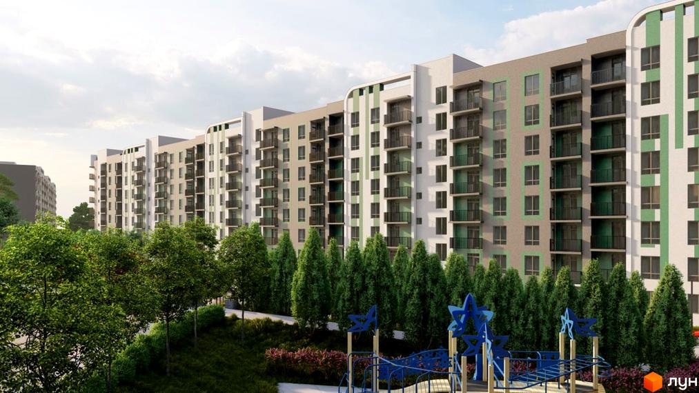 Зовнішній вигляд житлового комплексу Озерний з балконами та зеленими насадженнями. Дитячий майданчик на фоні багатоповерхових будинків.