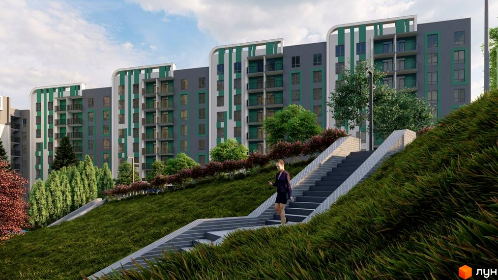 Новобудова ЖК Озерний з сіро-зеленими фасадами та балконами, оточена зеленим ландшафтом зі сходами та деревами.