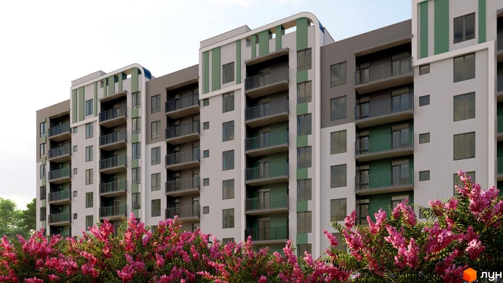 Новобудова Озерний: багатоповерховий будинок з білими, сірими та зеленими фасадами, балконами з темними поручнями. Перед будинком рожеві квітучі кущі.