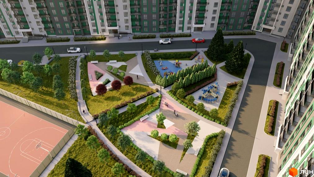 Житловий комплекс Озерний: багатоповерхові будинки з біло-зеленими фасадами та балконами, прибудинкова територія з дитячими майданчиками та спортивним полем.