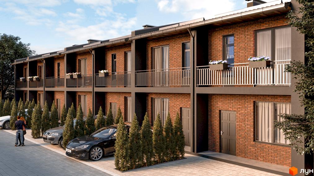 Таунхауси CENTER з цегляним фасадом та балконами, прибудинкова територія з парковкою та деревами. Опис новобудови для сайту.