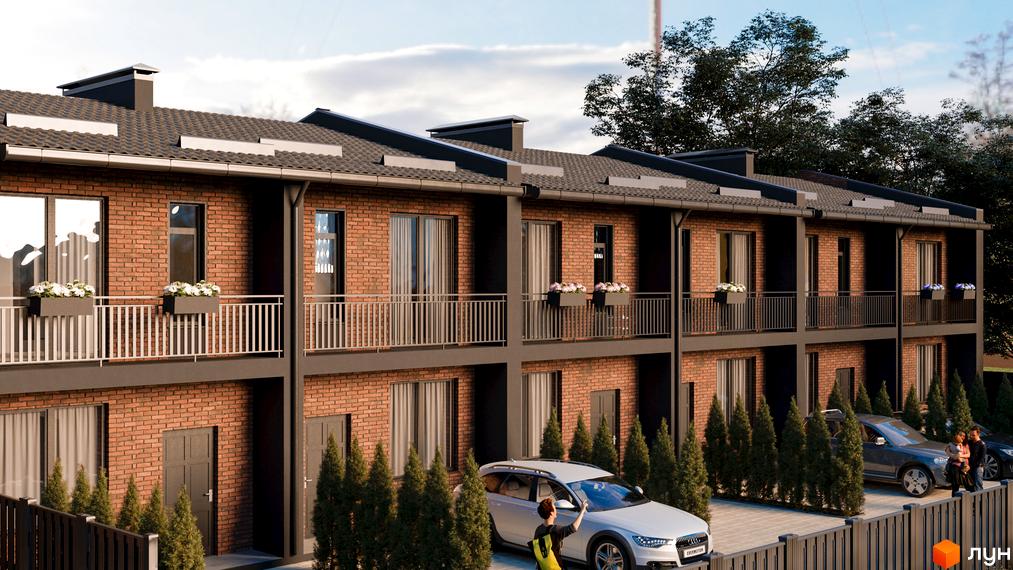 Зовнішній вигляд двоповерхових таунхаусів CENTER з цегляним фасадом та балконами. Прибудинкова територія з автомобілями та зеленими насадженнями.