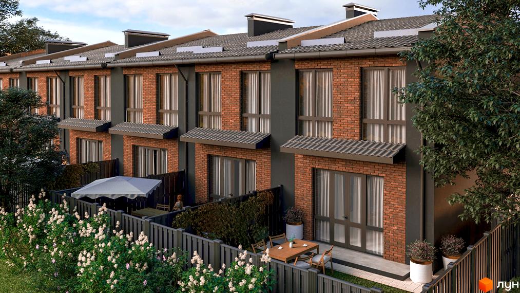 Таунхауси CENTER з червоної цегли та сірими фасадами, з прибудинковою територією з парканом, деревами та зоною відпочинку.