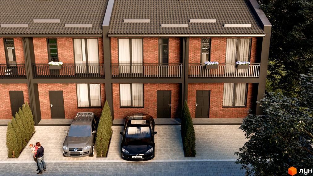 Зовнішній вигляд новобудови CENTER з цегляним фасадом та балконами. Прибудинкова територія з парковкою та зеленими насадженнями.