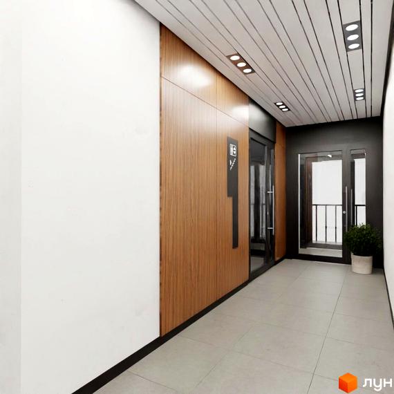 Вхідна група житлового комплексу Бетховен з дерев'яними панелями та скляними дверима. Сучасний дизайн коридору з підвісною стелею та освітленням.