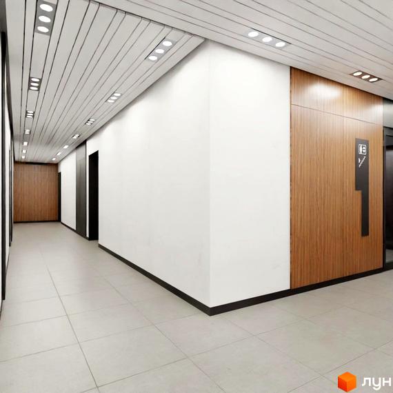 Інтер'єр холу житлового комплексу Бетховен з дерев'яними панелями та освітленням. Сучасний дизайн коридору новобудови.